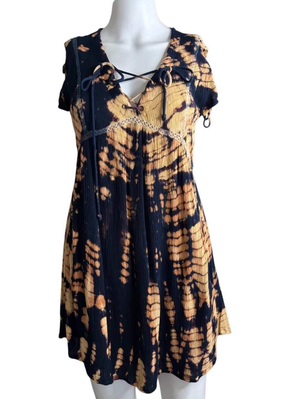 Anthropologie Raga Bohemian Tie-Dye Lace-Up V-Neck Mini Dress Navy & Tan Size XS